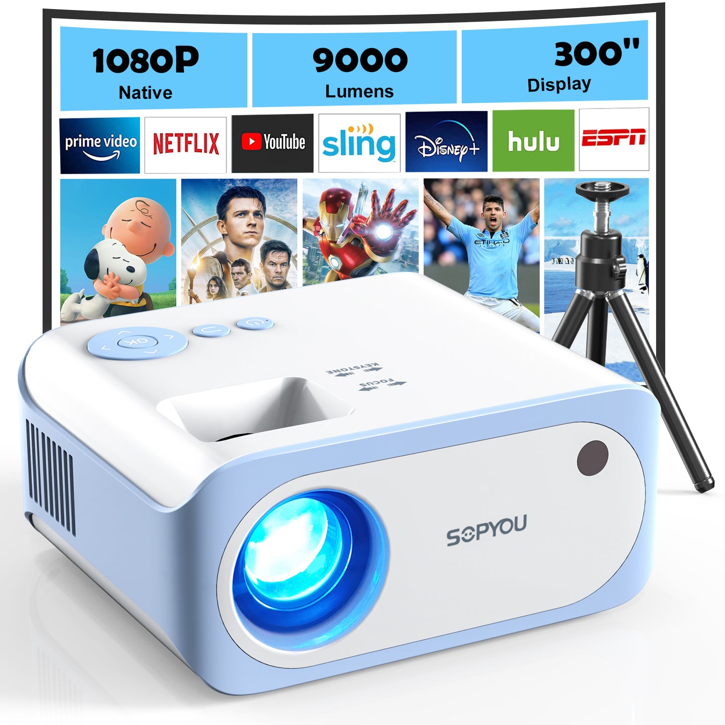 Mini Projector, Native 1080P Full HD 9000L SOPYOU P2 Movie Outdoor Projector 4K Supported with Tripod