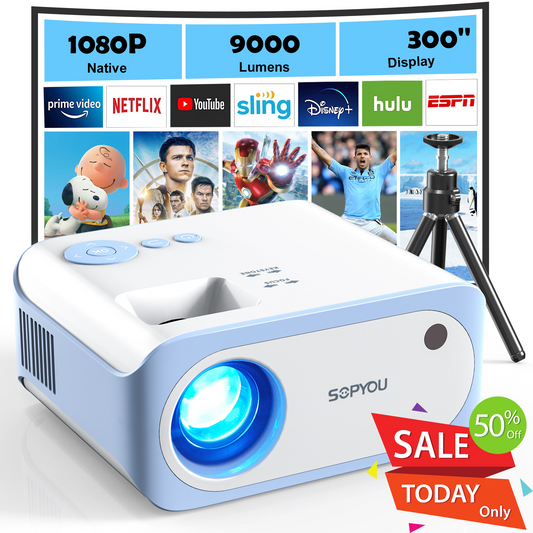 Mini Projector, Native 1080P Full HD 9000L SOPYOU P2 Movie Outdoor Projector 4K Supported with Tripod